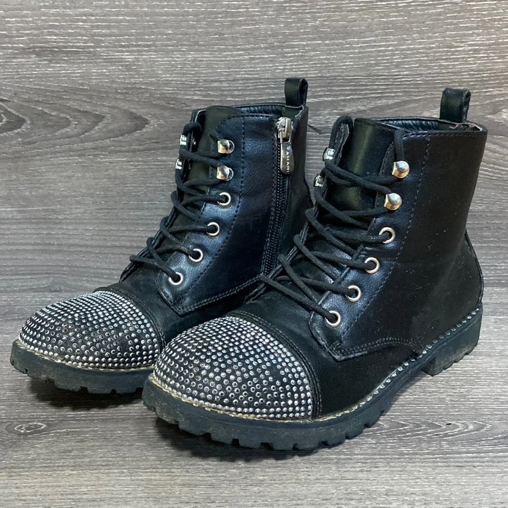 Tahari Studded Combat Boots Girls Size 2 Black Faux Leather Zip Up Side Zipper